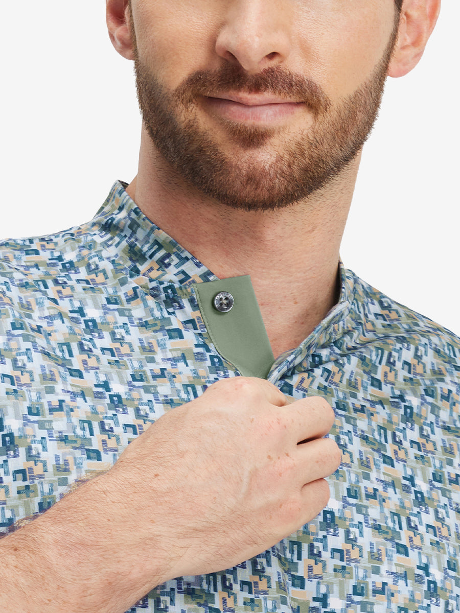 Stretch Printed Collarless Henley Golf Shirts