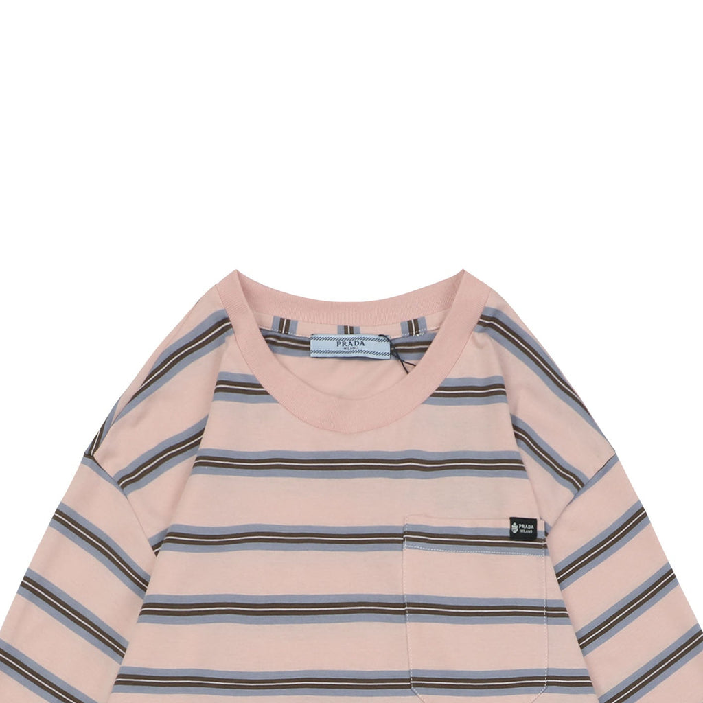 Prada Light Pink Stripe Pocket Label Long Sleeve Tee