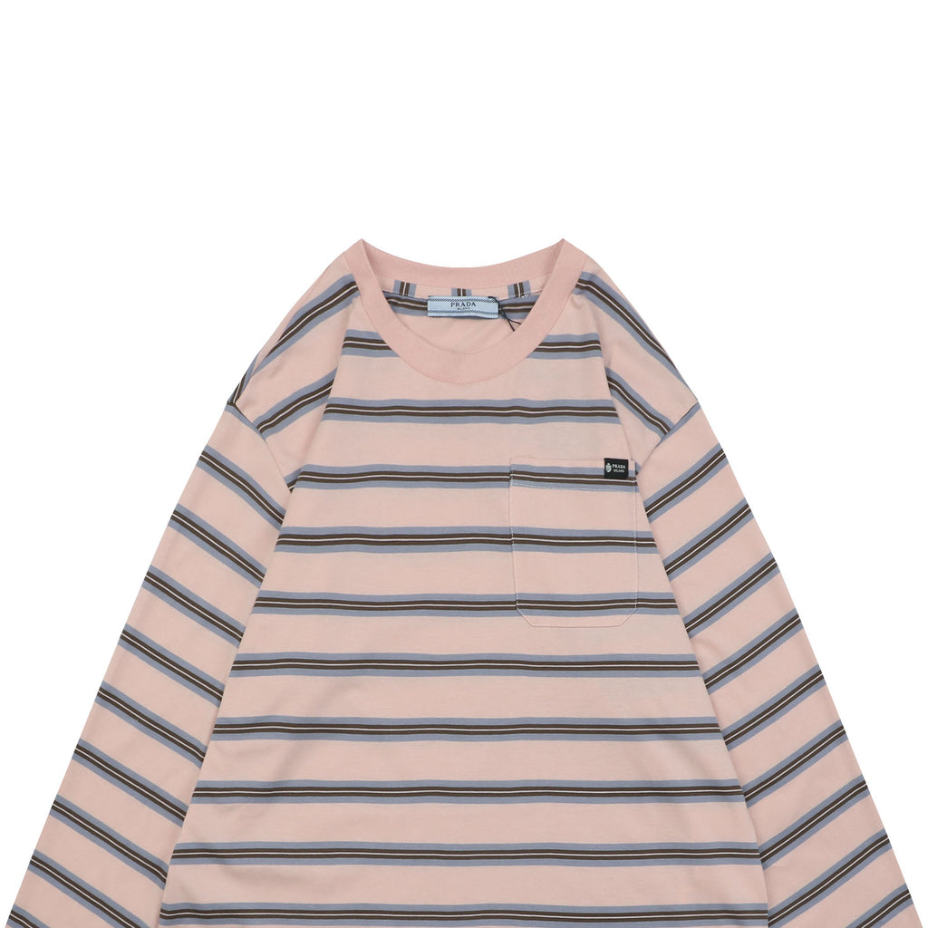 Prada Light Pink Stripe Pocket Label Long Sleeve Tee