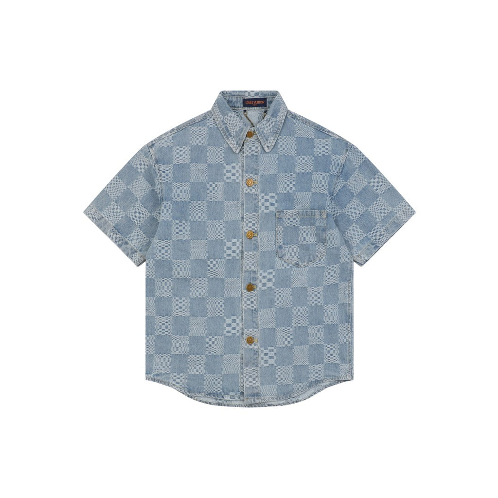 Louis Vuitton Light Blue Checkerboard Denim Short Sleeve Shirt