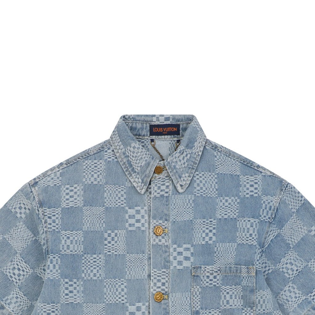 Louis Vuitton Light Blue Checkerboard Denim Short Sleeve Shirt