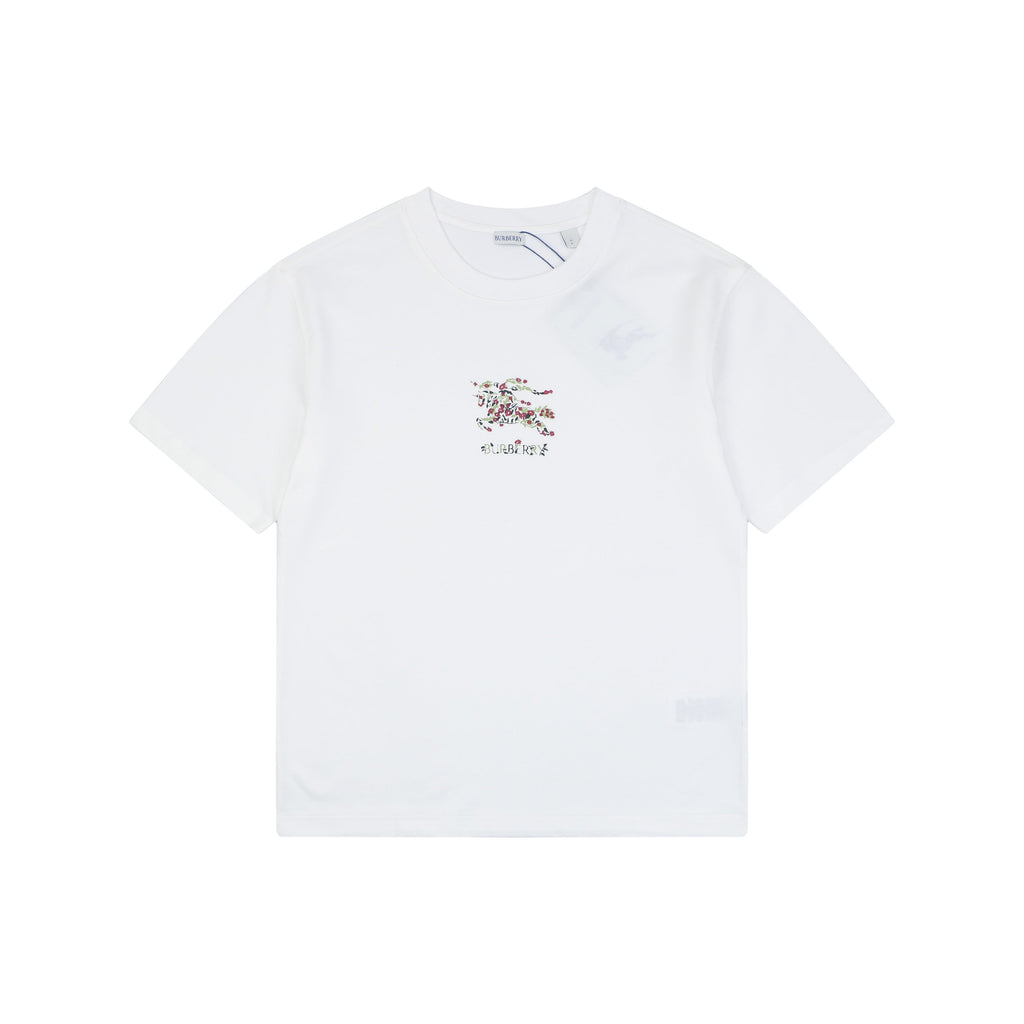 Burberry Rose & Equestrian Knight Embroidered Short Sleeve Tee - White