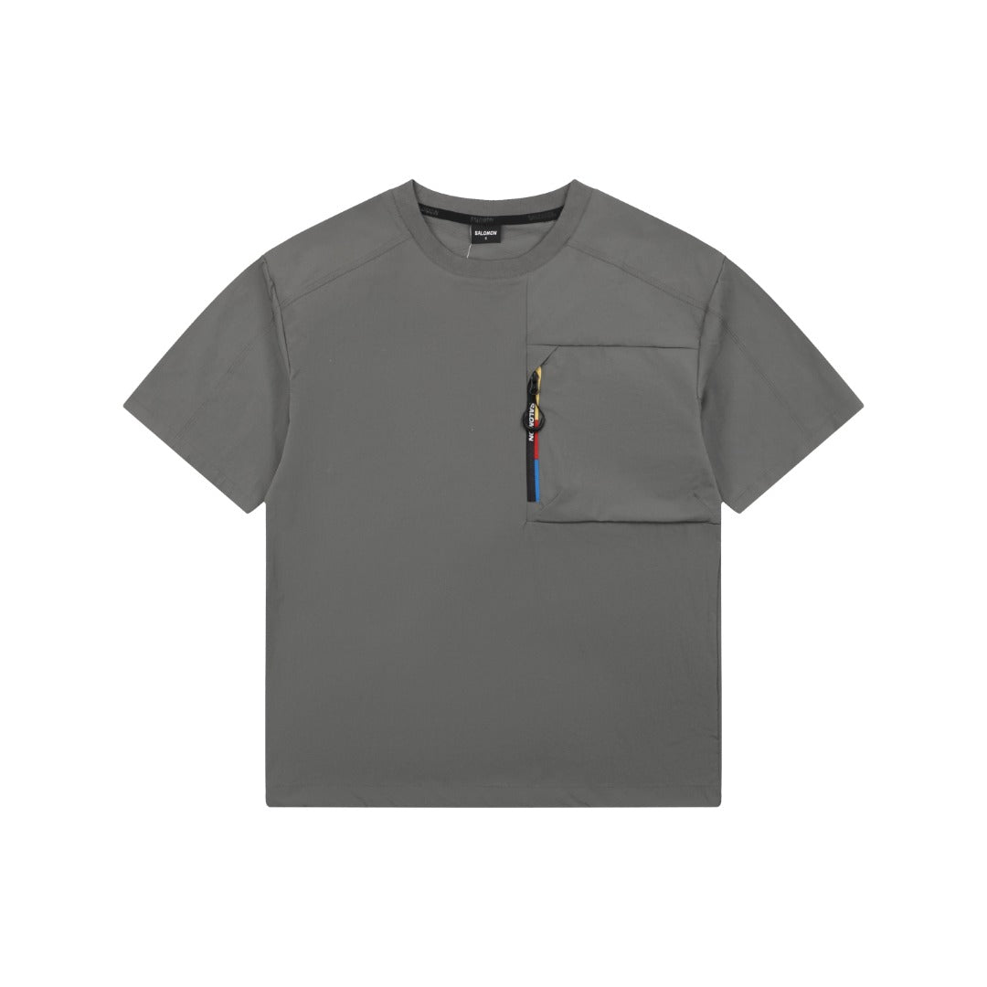 Salomon Racing Flag Zip Pocket Short Sleeve Tee — Grey