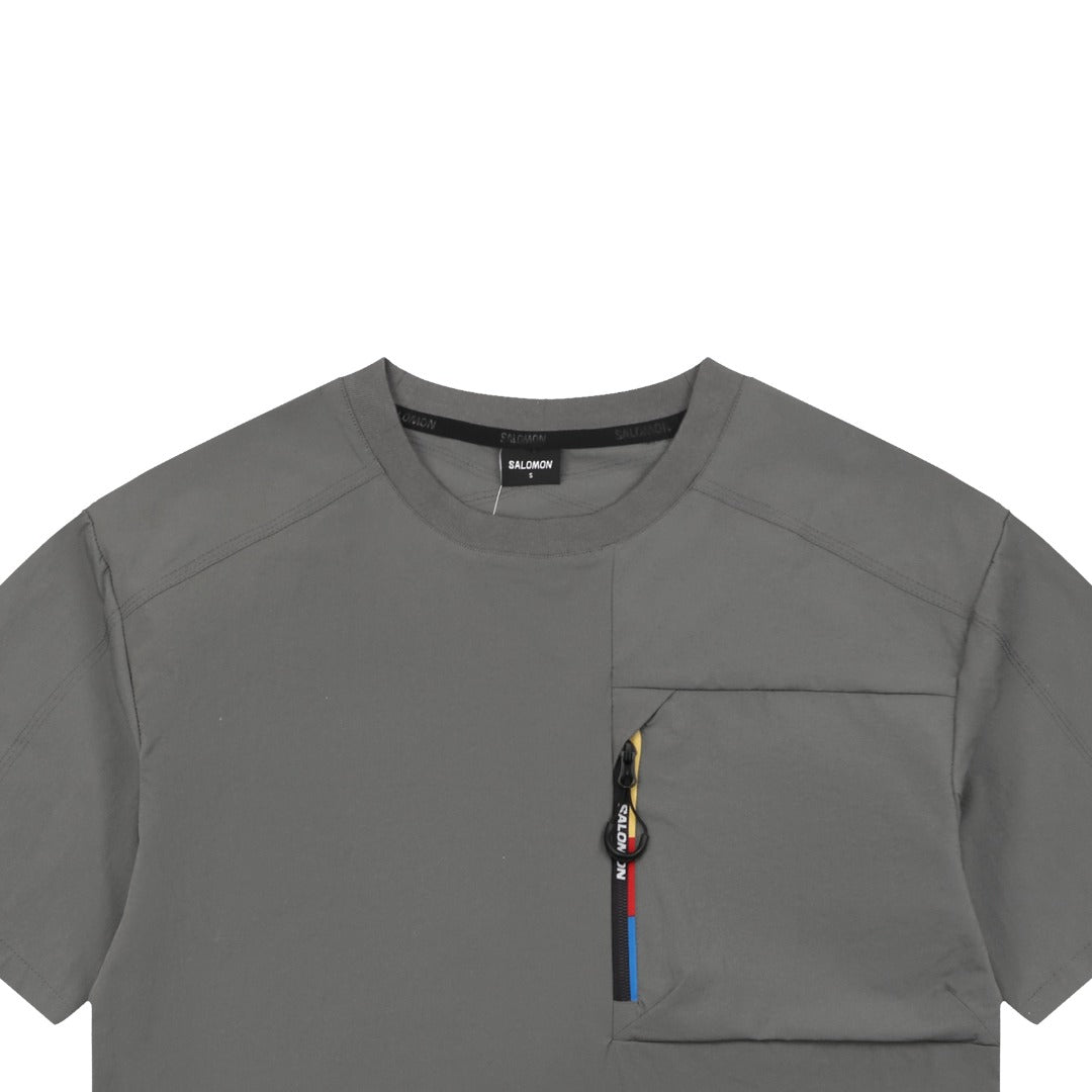 Salomon Racing Flag Zip Pocket Short Sleeve Tee — Grey