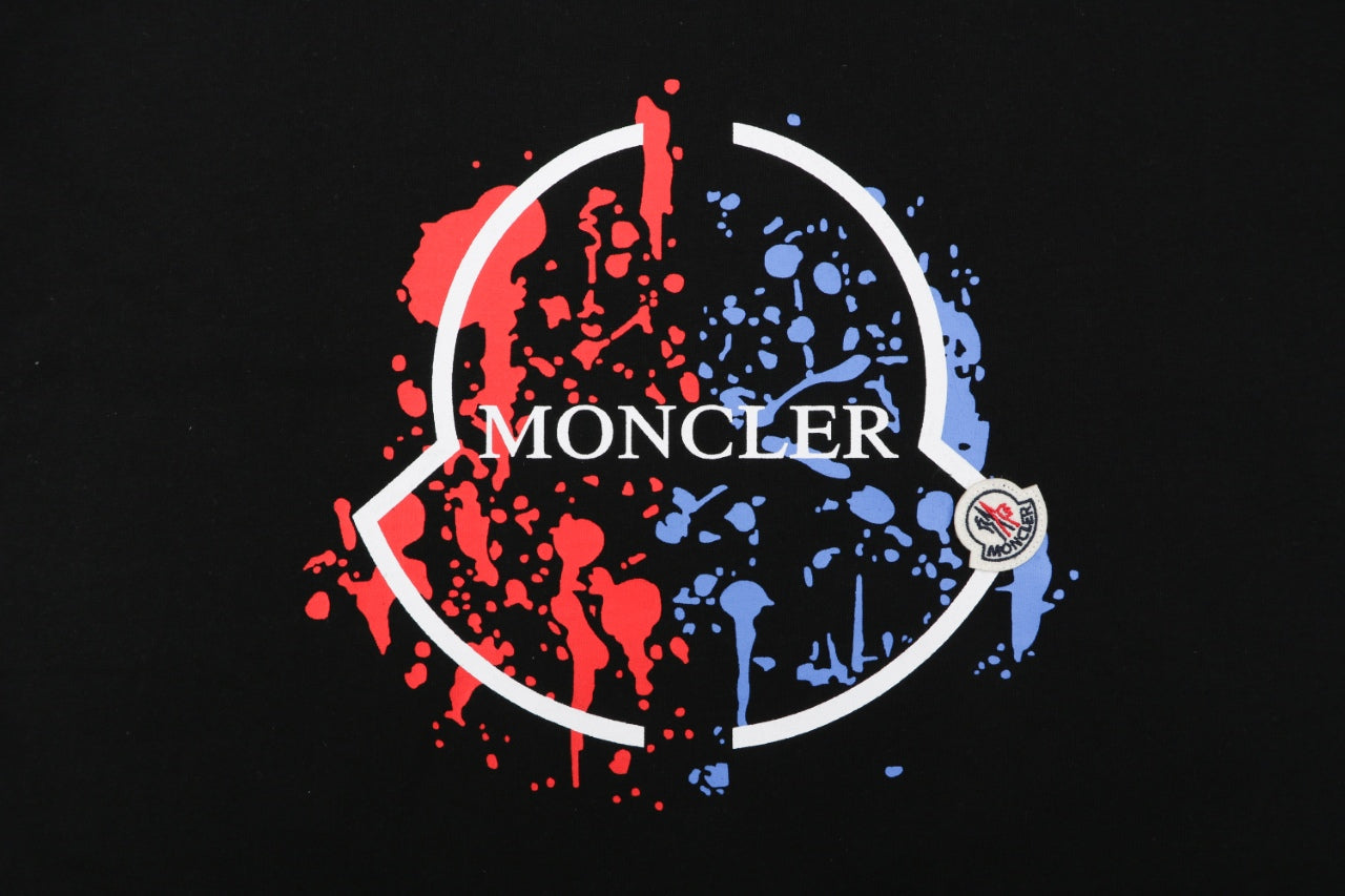 Moncler Red & Blue Ink Splash Oversized Logo Print Short Sleeve Tee