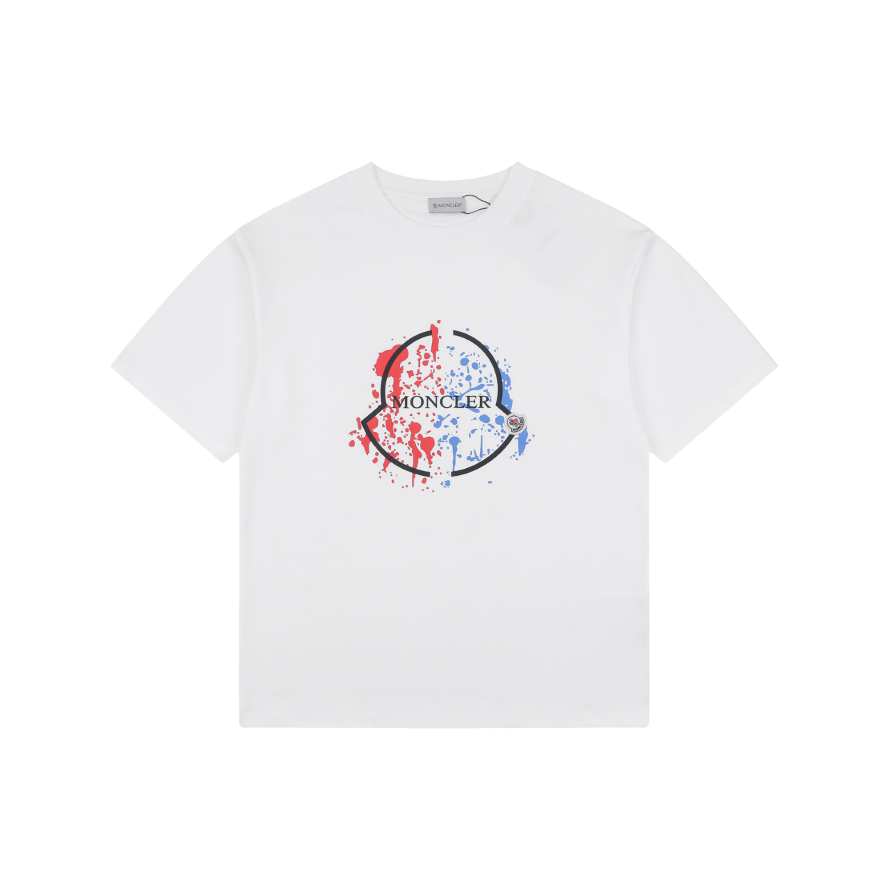 Moncler Red & Blue Ink Splash Oversized Logo Print Short Sleeve Tee — White