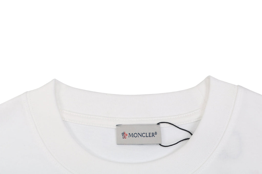 Moncler Red & Blue Ink Splash Oversized Logo Print Short Sleeve Tee — White