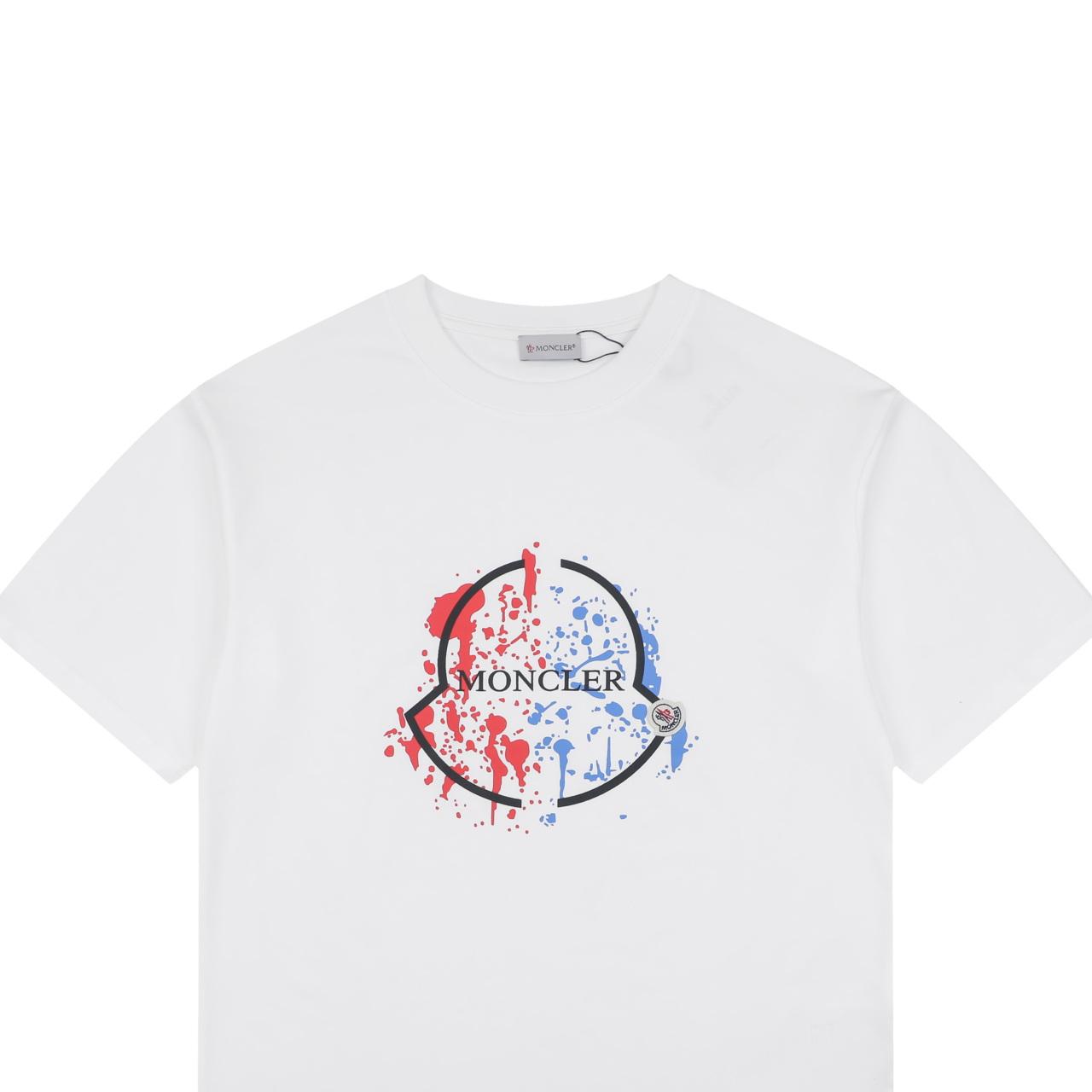 Moncler Red & Blue Ink Splash Oversized Logo Print Short Sleeve Tee — White
