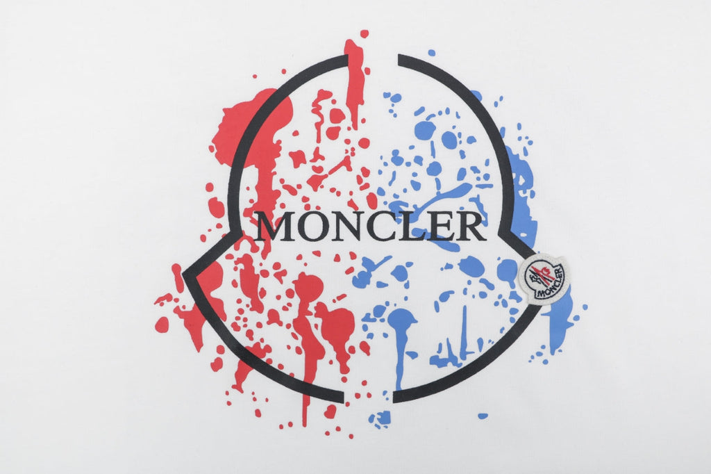 Moncler Red & Blue Ink Splash Oversized Logo Print Short Sleeve Tee — White