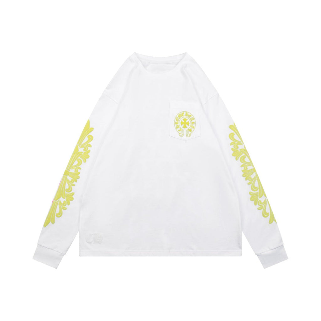 Chrome Hearts Cross Floral Sleeve & Gothic Script Back Print Long Sleeve Tee — White