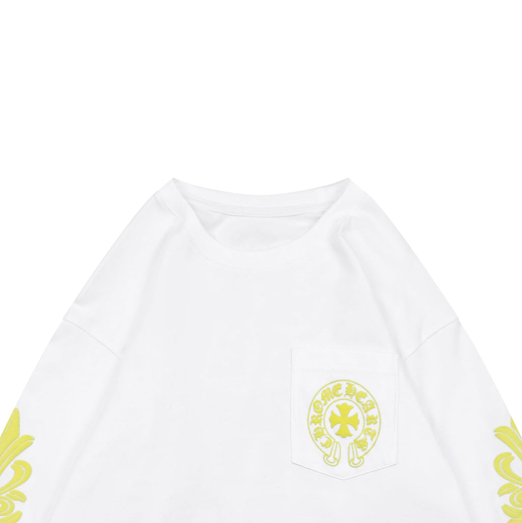Chrome Hearts Cross Floral Sleeve & Gothic Script Back Print Long Sleeve Tee — White