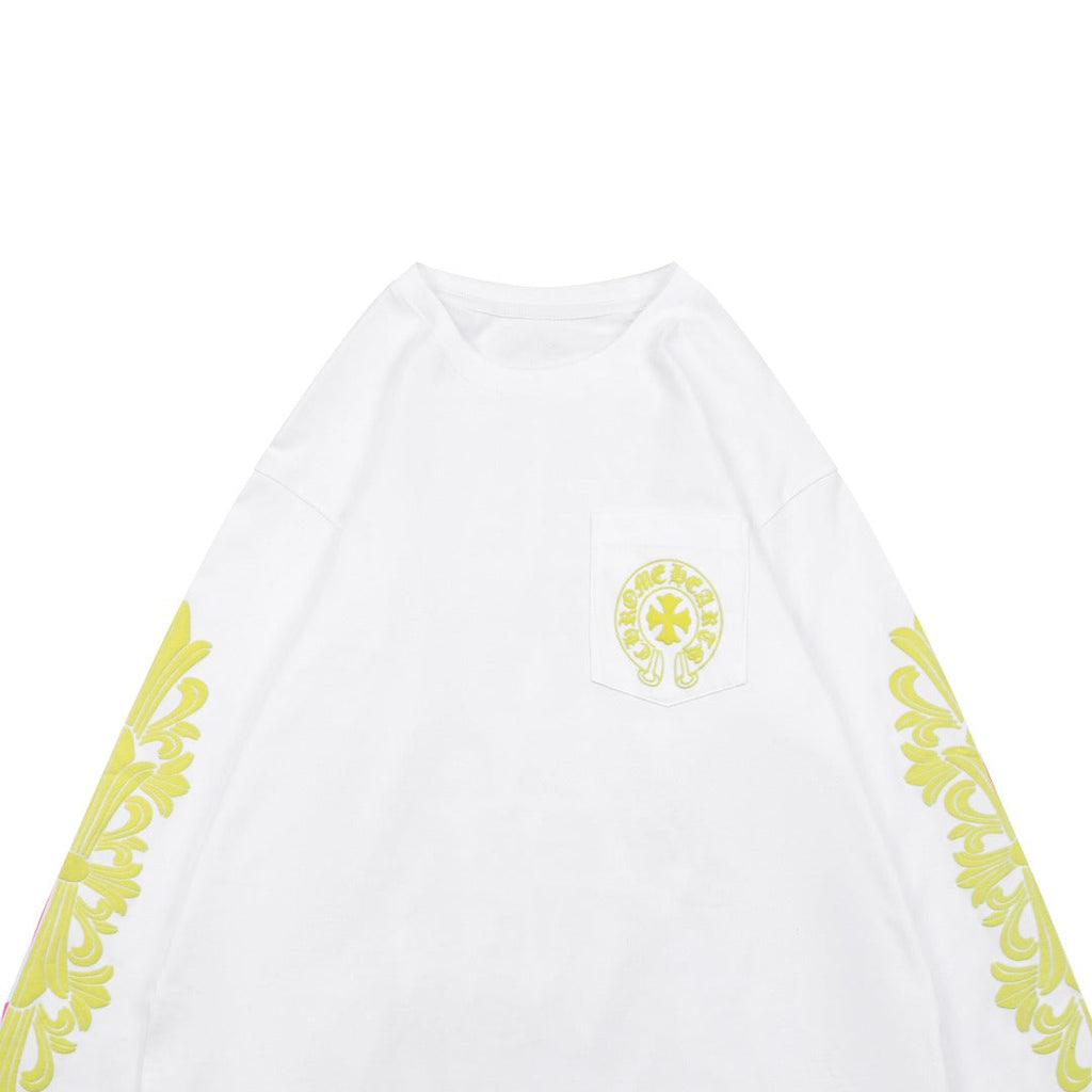 Chrome Hearts Cross Floral Sleeve & Gothic Script Back Print Long Sleeve Tee — White
