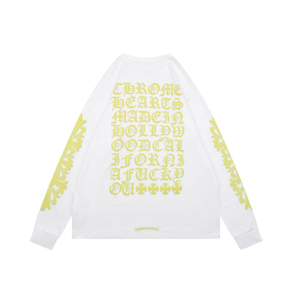 Chrome Hearts Cross Floral Sleeve & Gothic Script Back Print Long Sleeve Tee — White