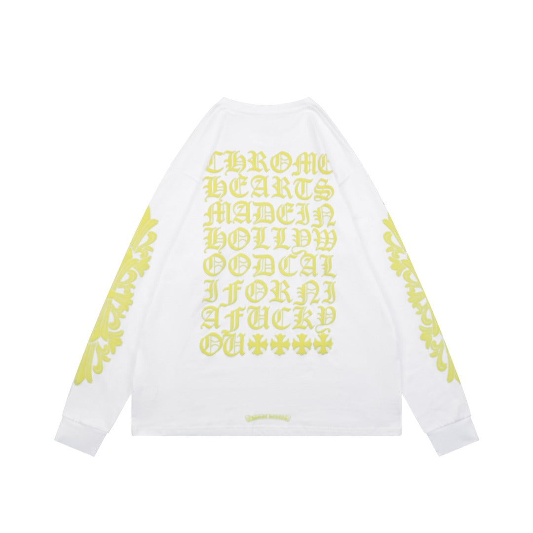 Chrome Hearts Cross Floral Sleeve & Gothic Script Back Print Long Sleeve Tee — White