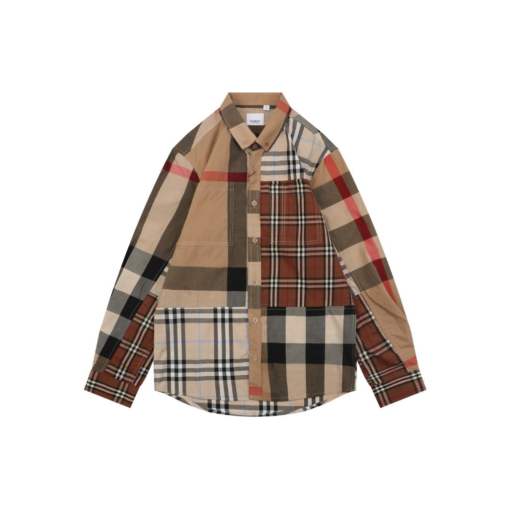 Burberry Patchwork Check Long Sleeve Shirt — Camel
