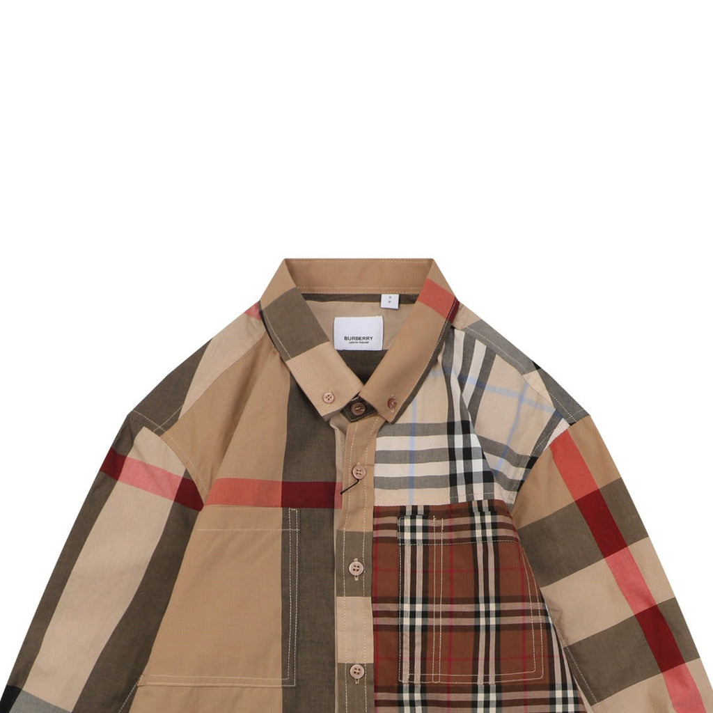 Burberry Patchwork Check Long Sleeve Shirt — Camel