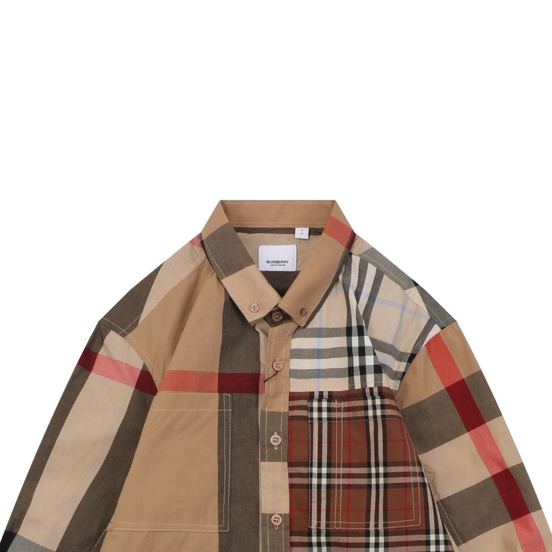 Burberry Patchwork Check Long Sleeve Shirt — Camel