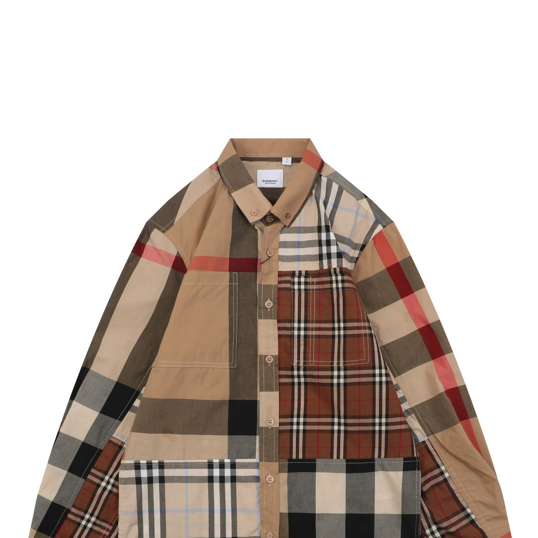 Burberry Patchwork Check Long Sleeve Shirt — Camel
