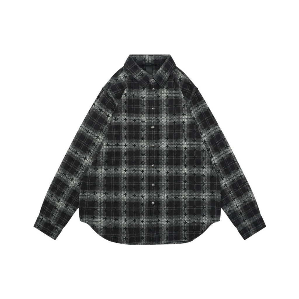 Chrome Hearts All-Over Plaid Cross Long Sleeve Shirt — Black / Grey / Green