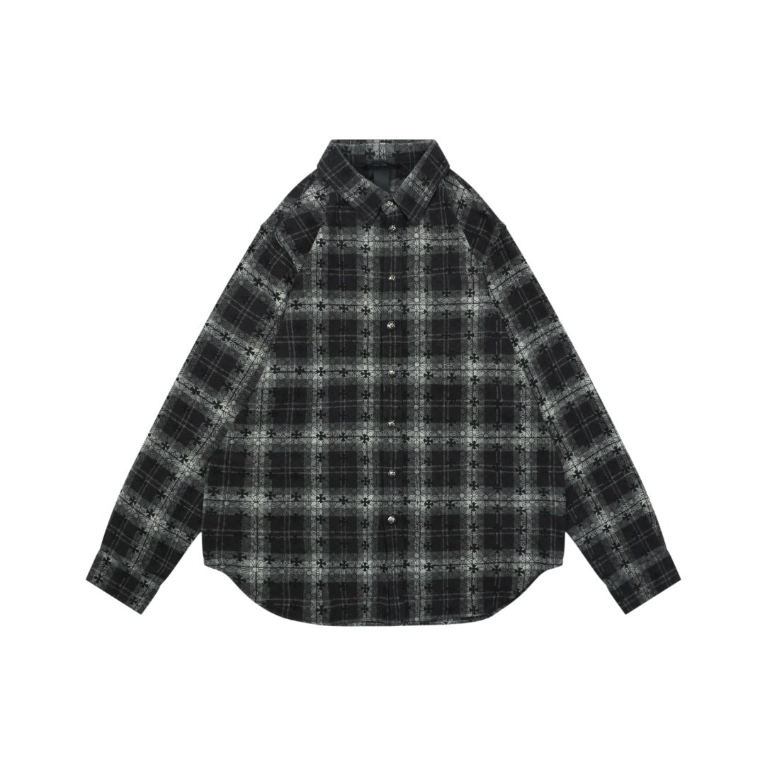 Chrome Hearts All-Over Plaid Cross Long Sleeve Shirt — Black / Grey / Green
