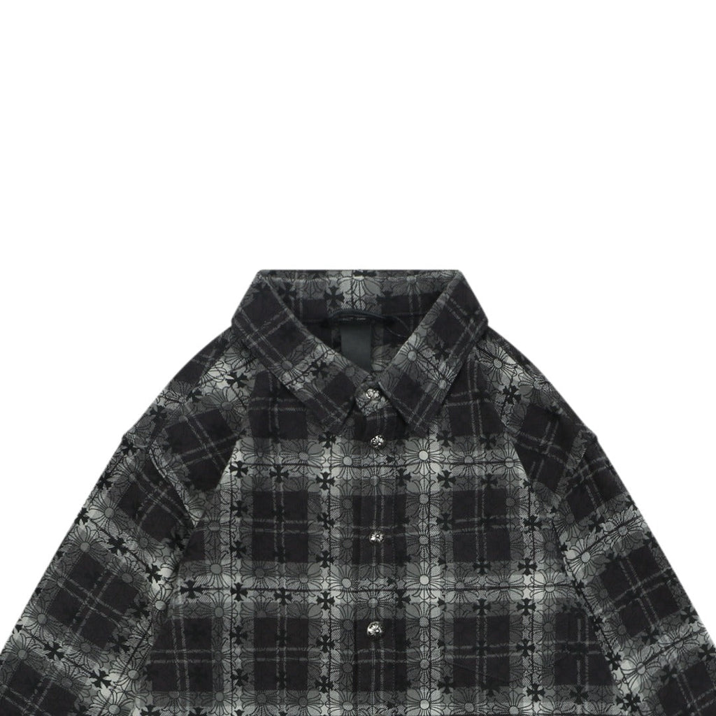 Chrome Hearts All-Over Plaid Cross Long Sleeve Shirt — Black / Grey / Green