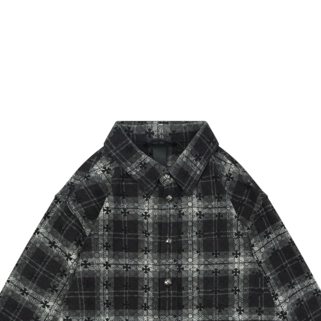 Chrome Hearts All-Over Plaid Cross Long Sleeve Shirt — Black / Grey / Green
