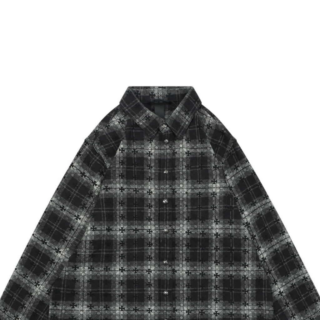Chrome Hearts All-Over Plaid Cross Long Sleeve Shirt — Black / Grey / Green