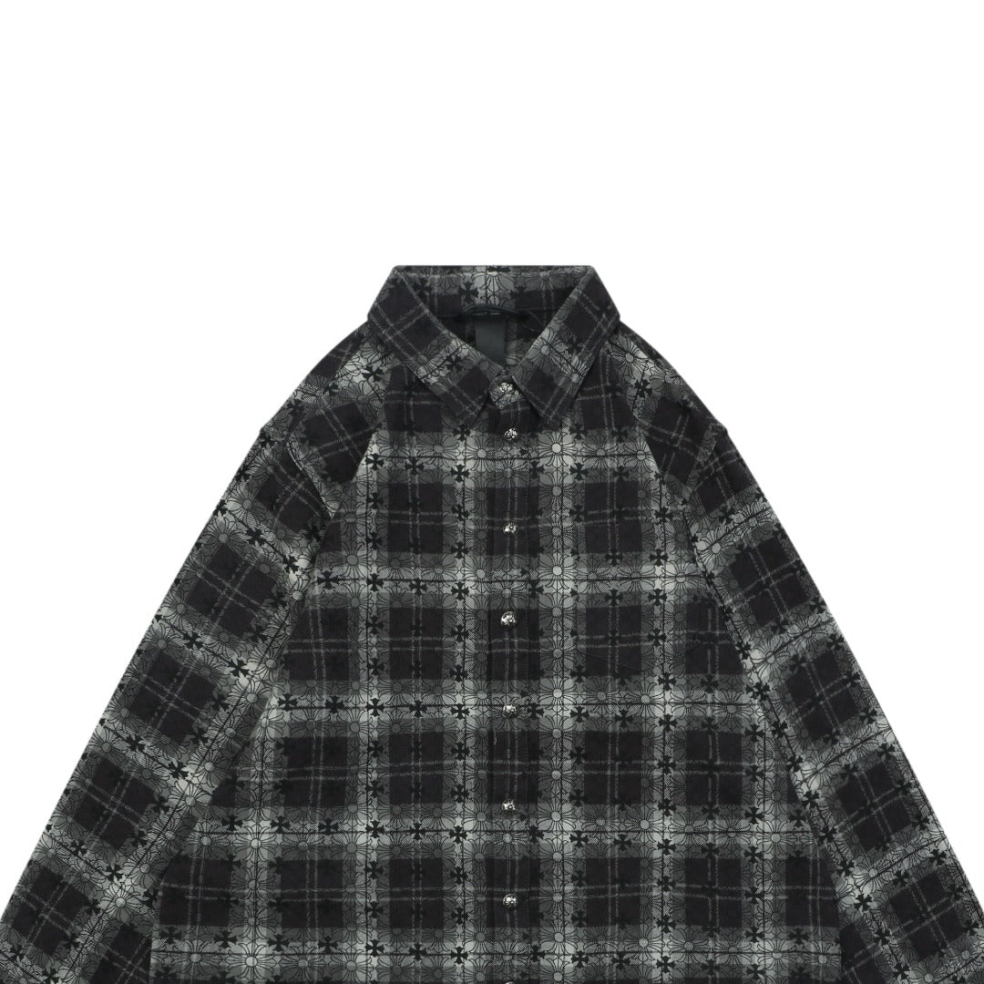 Chrome Hearts All-Over Plaid Cross Long Sleeve Shirt — Black / Grey / Green
