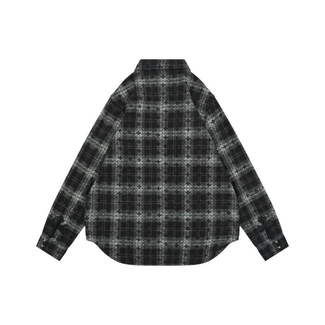 Chrome Hearts All-Over Plaid Cross Long Sleeve Shirt — Black / Grey / Green