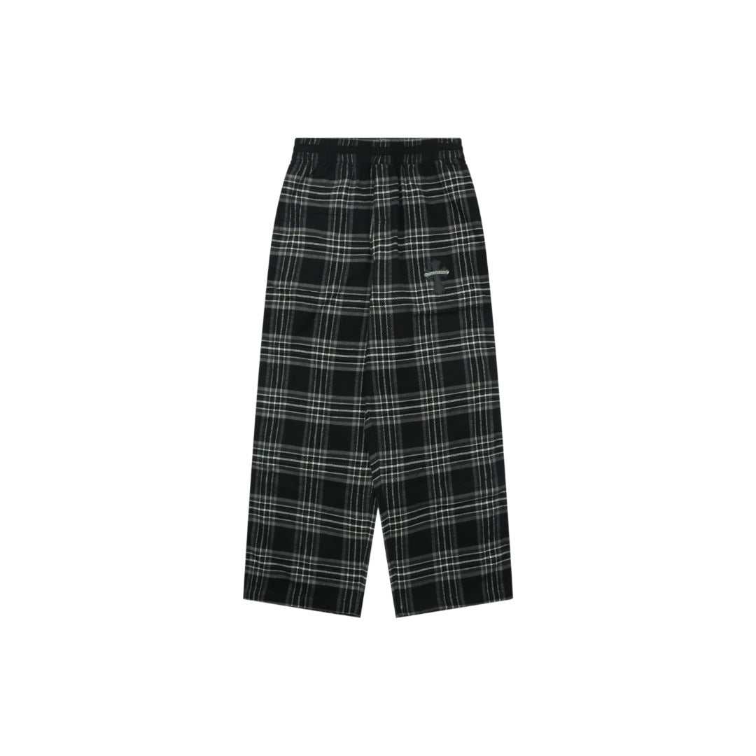 Chrome Hearts All-Over Plaid Cross Leather Tab Trousers — Black / Grey / Green