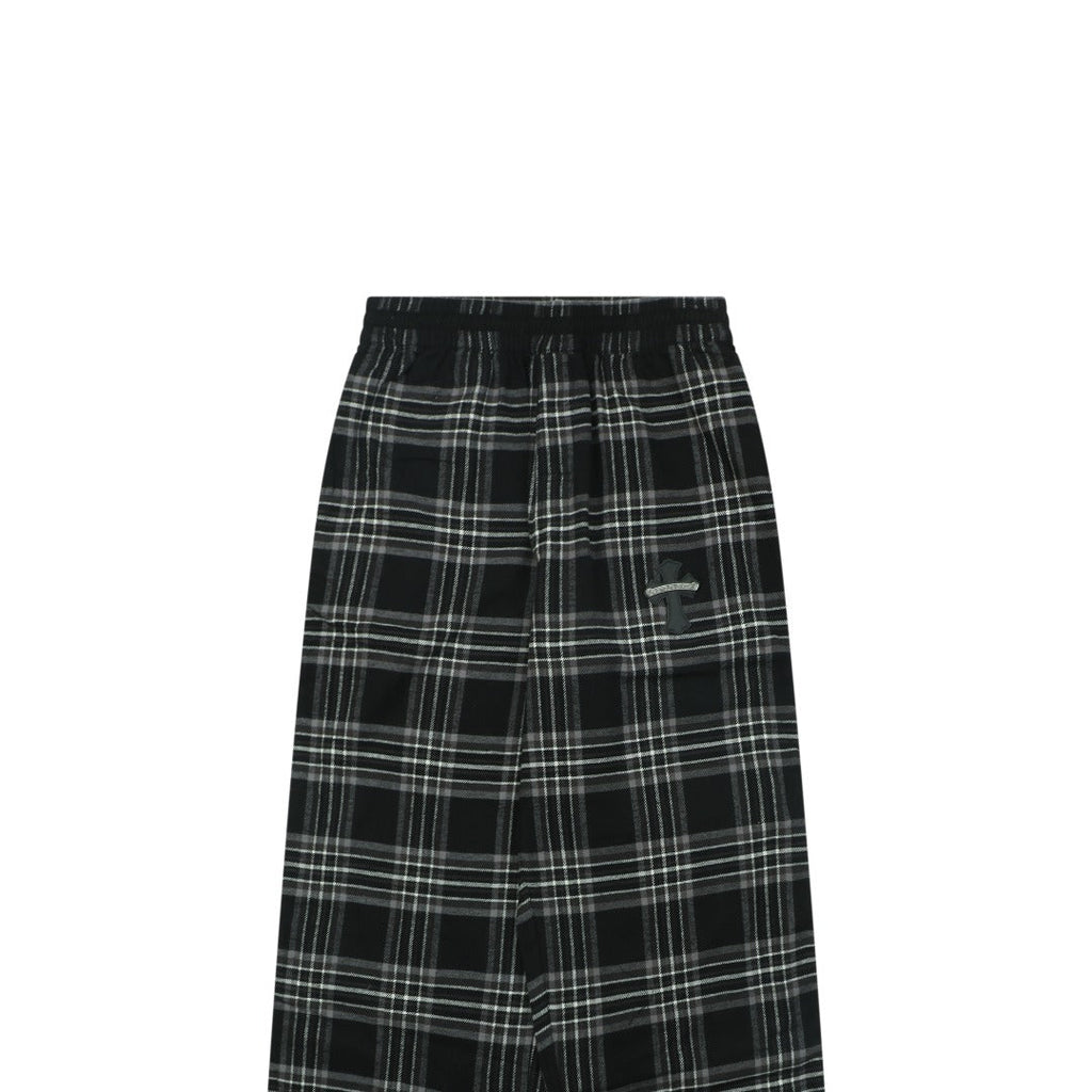 Chrome Hearts All-Over Plaid Cross Leather Tab Trousers — Black / Grey / Green