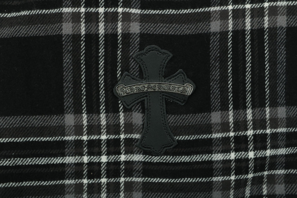 Chrome Hearts All-Over Plaid Cross Leather Tab Trousers — Black / Grey / Green