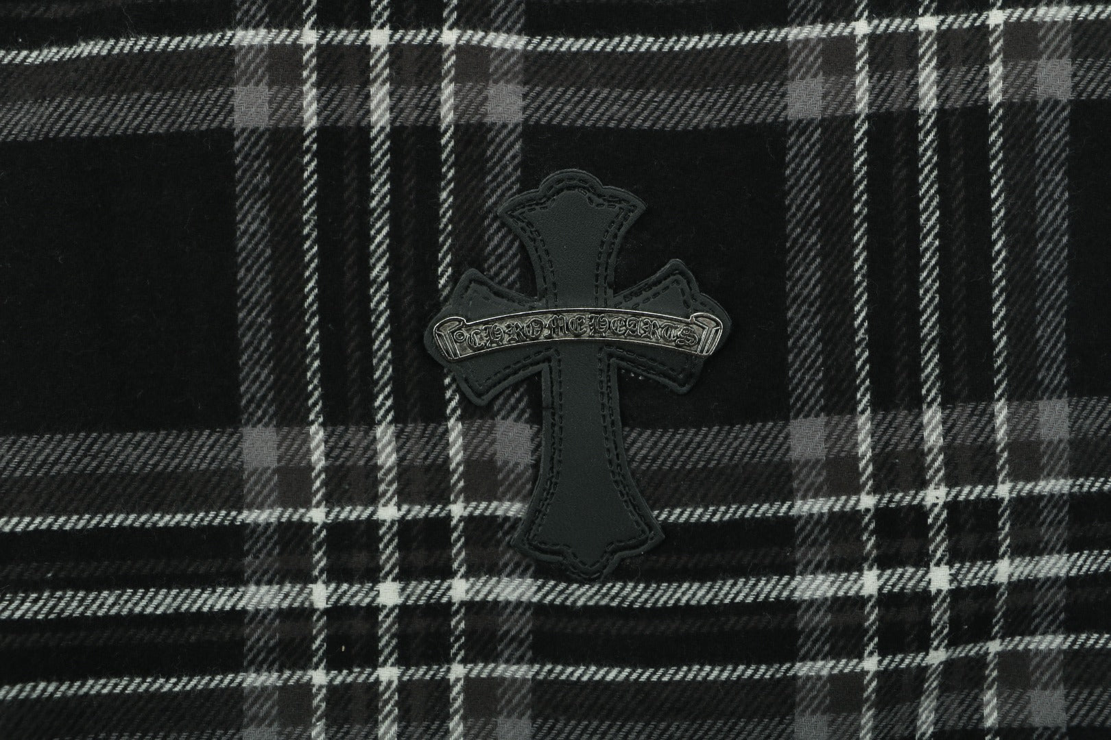 Chrome Hearts All-Over Plaid Cross Leather Tab Trousers — Black / Grey / Green