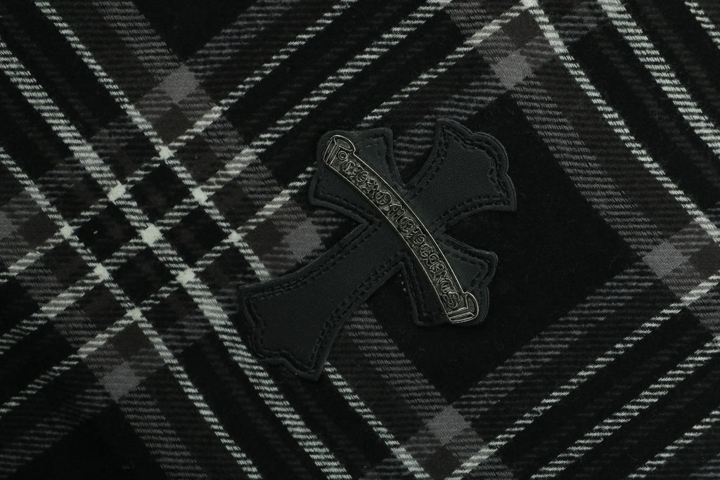 Chrome Hearts All-Over Plaid Cross Leather Tab Trousers — Black / Grey / Green