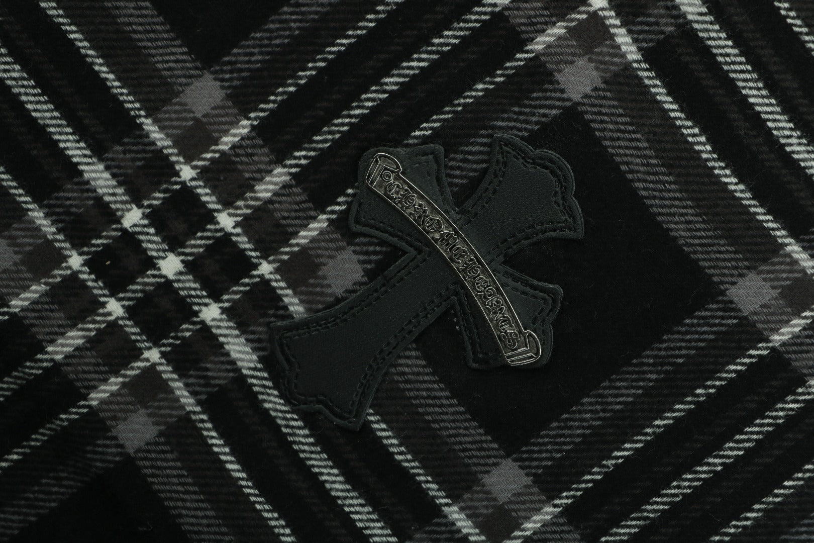 Chrome Hearts All-Over Plaid Cross Leather Tab Trousers — Black / Grey / Green