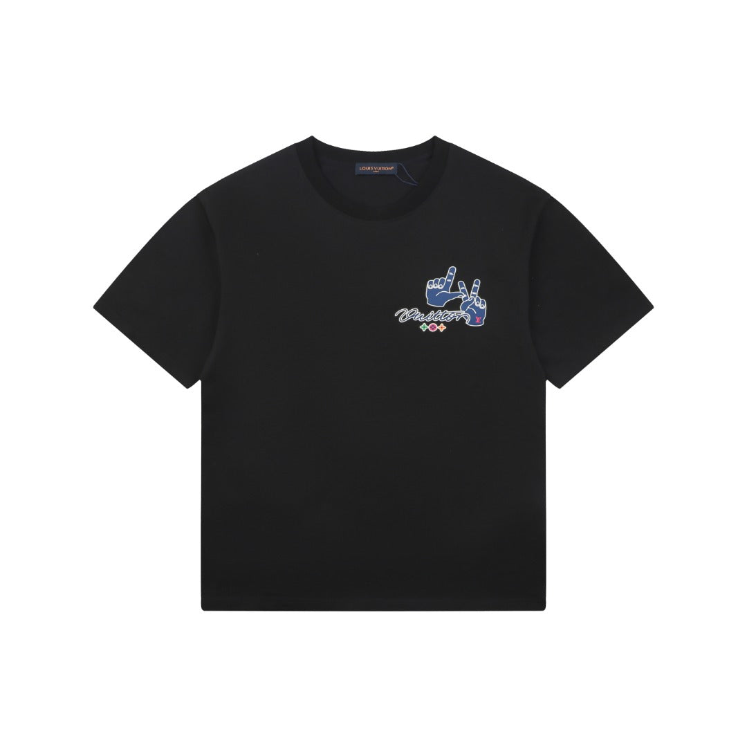 Louis Vuitton Blue Hand Gesture Monogram Heat-Transfer Print Short Sleeve Tee — Black
