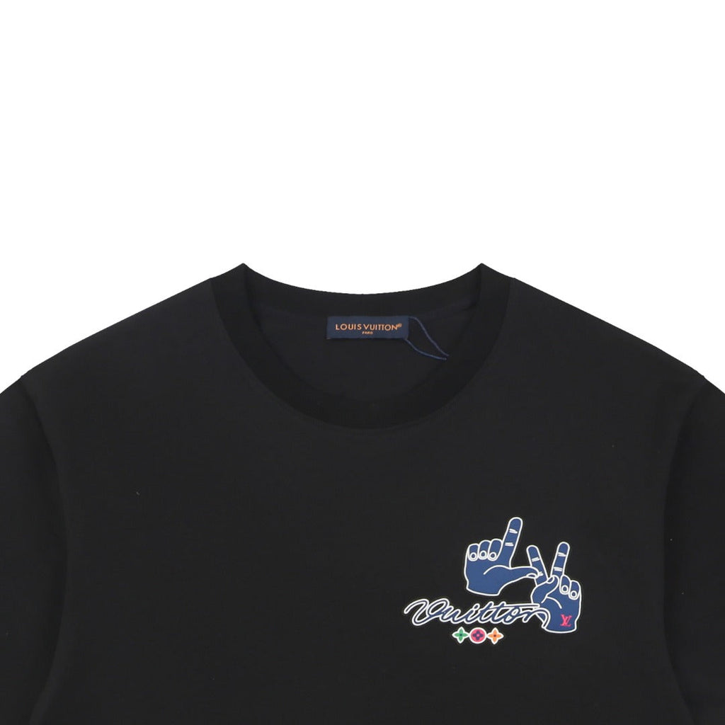 Louis Vuitton Blue Hand Gesture Monogram Heat-Transfer Print Short Sleeve Tee — Black