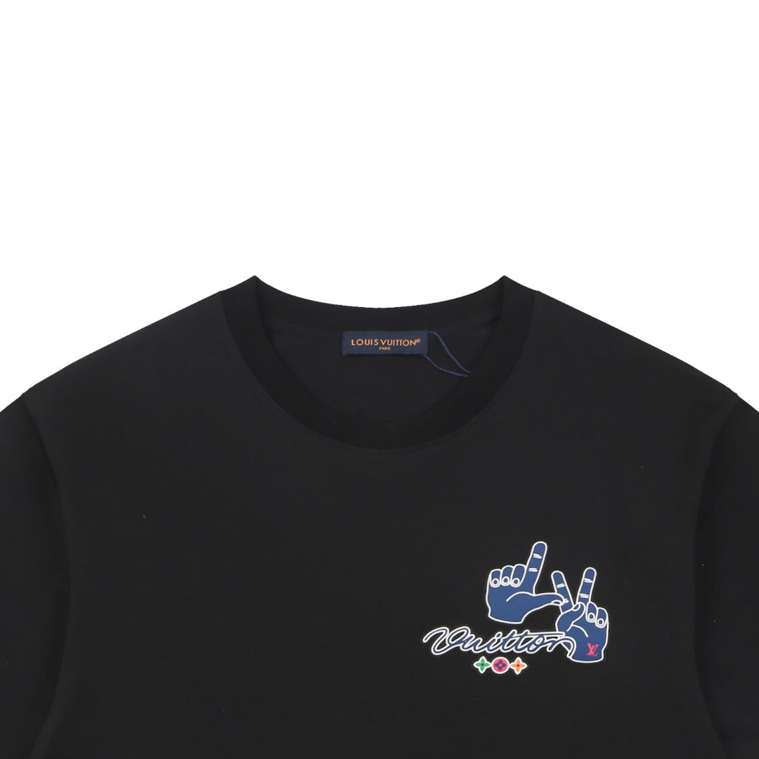 Louis Vuitton Blue Hand Gesture Monogram Heat-Transfer Print Short Sleeve Tee — Black