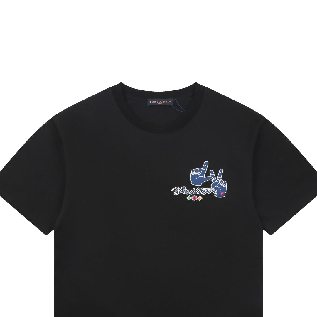 Louis Vuitton Blue Hand Gesture Monogram Heat-Transfer Print Short Sleeve Tee — Black