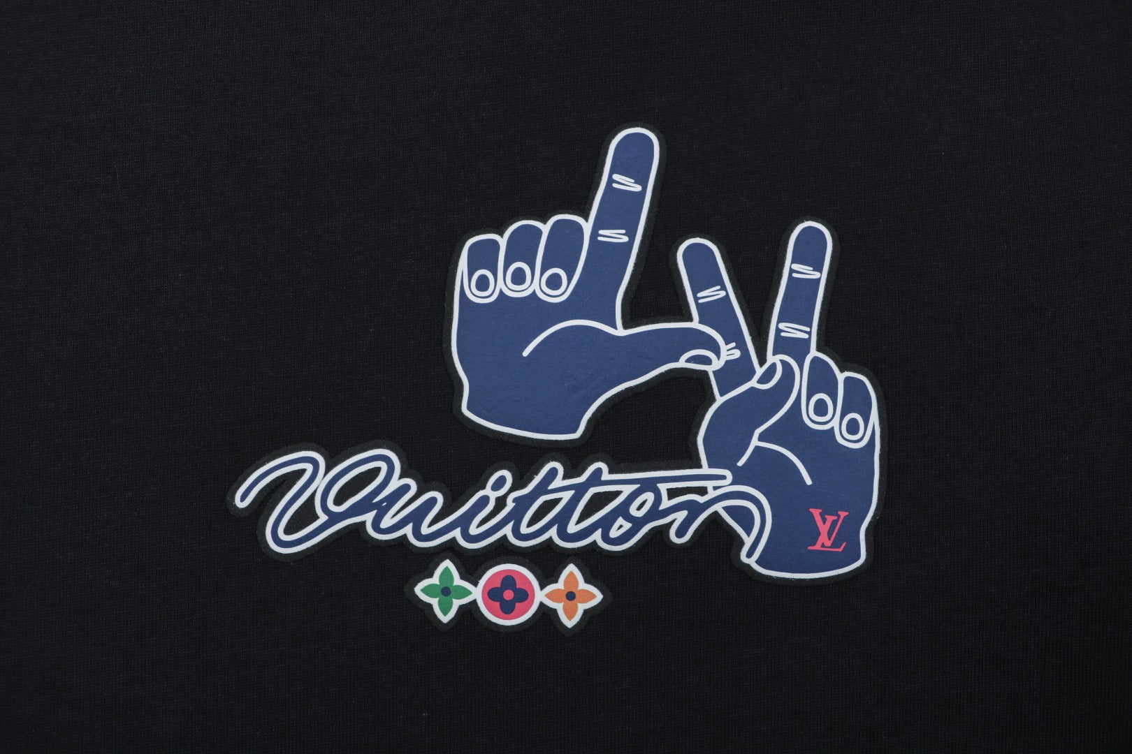 Louis Vuitton Blue Hand Gesture Monogram Heat-Transfer Print Short Sleeve Tee — Black