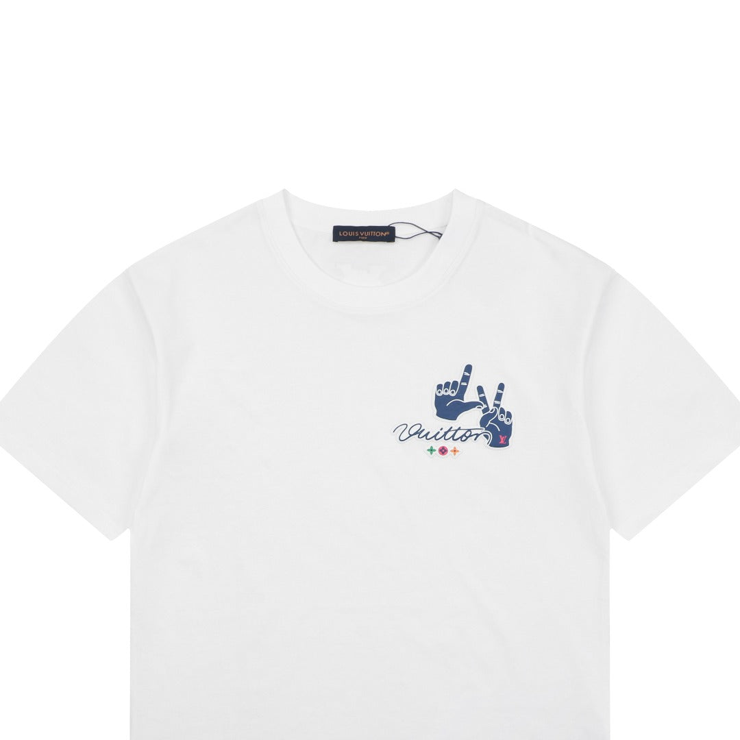 Louis Vuitton Blue Hand Gesture Monogram Heat-Transfer Print Short Sleeve Tee — White
