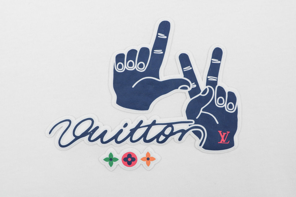 Louis Vuitton Blue Hand Gesture Monogram Heat-Transfer Print Short Sleeve Tee — White