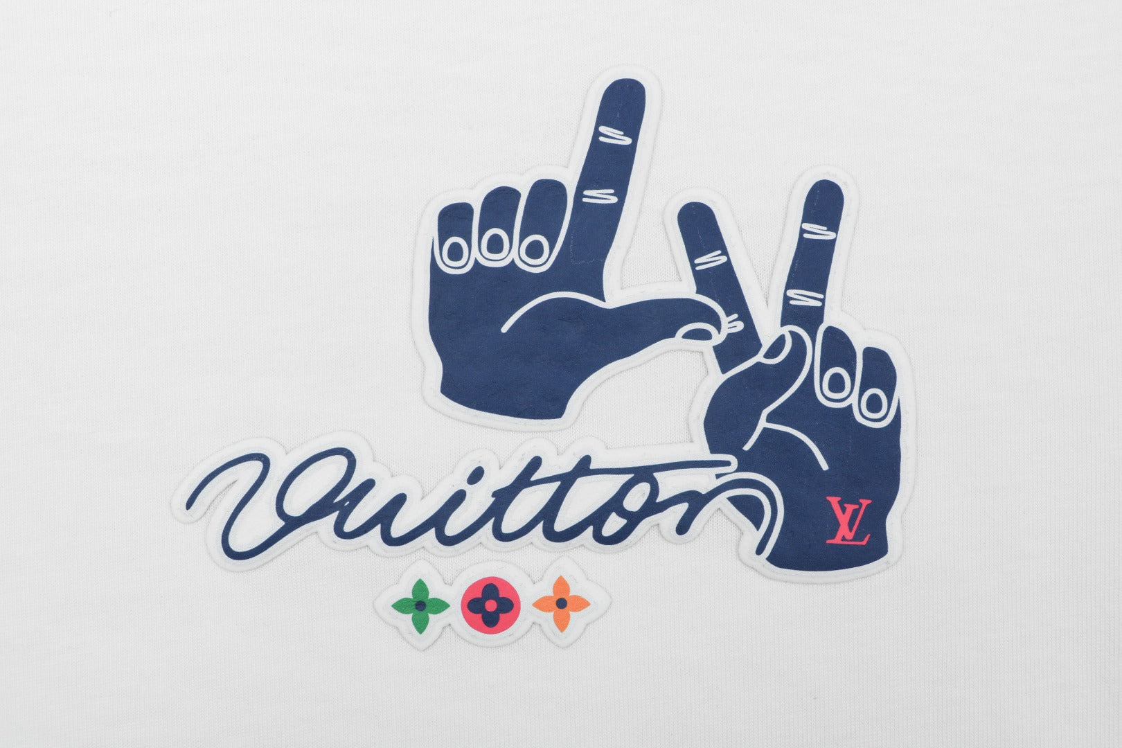 Louis Vuitton Blue Hand Gesture Monogram Heat-Transfer Print Short Sleeve Tee — White