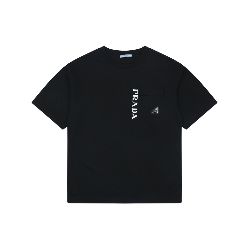 Prada Vertical Letter Triangle Logo Short Sleeve Tee — Black