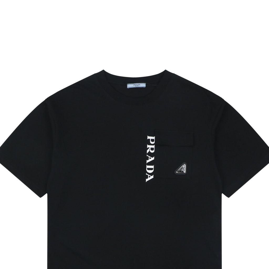 Prada Vertical Letter Triangle Logo Short Sleeve Tee — Black