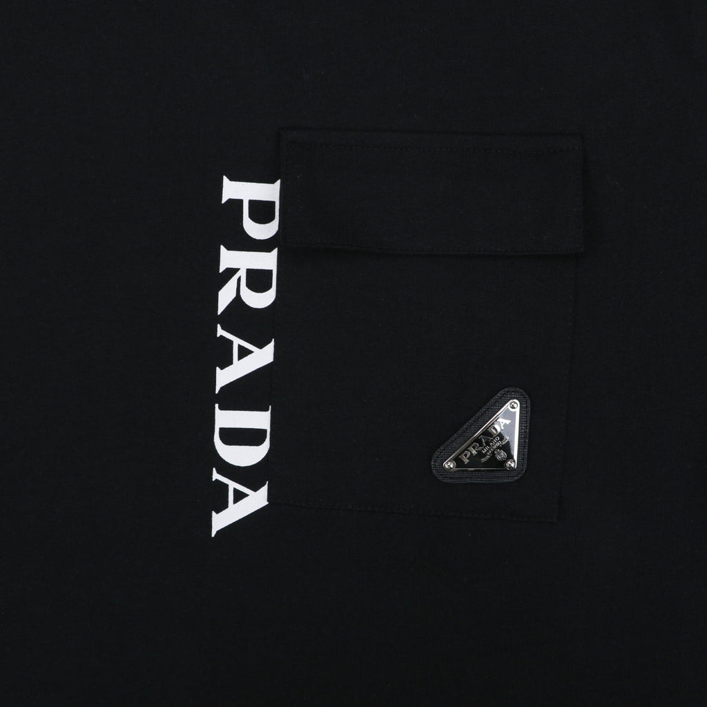 Prada Vertical Letter Triangle Logo Short Sleeve Tee — Black