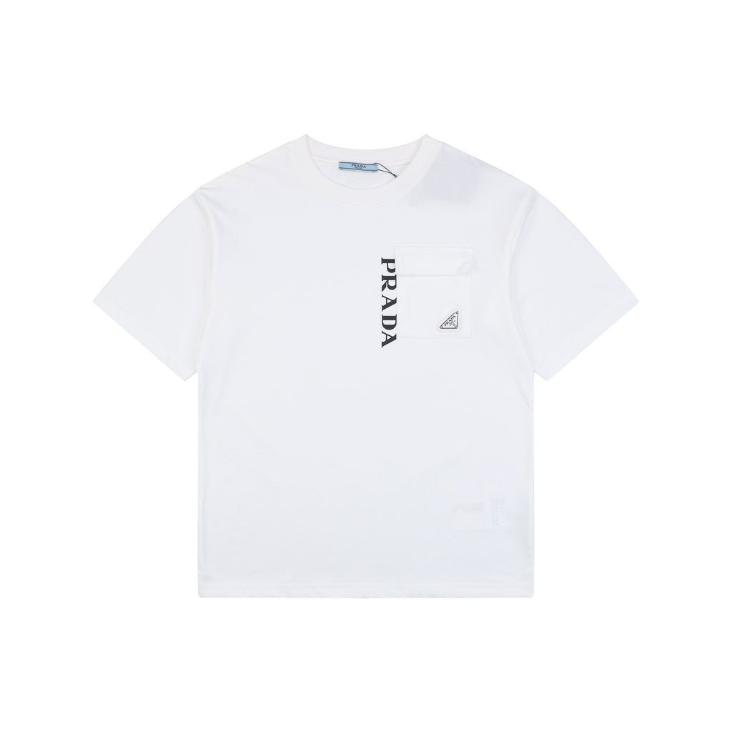 Prada Vertical Letter Triangle Logo Short Sleeve Tee — White