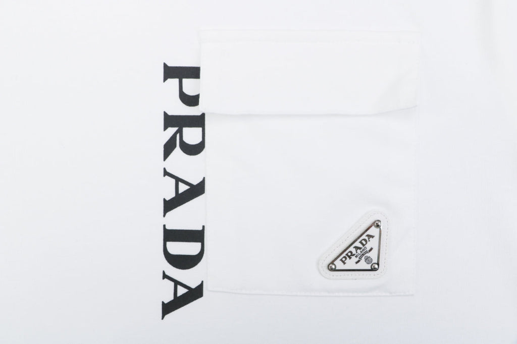 Prada Vertical Letter Triangle Logo Short Sleeve Tee — White