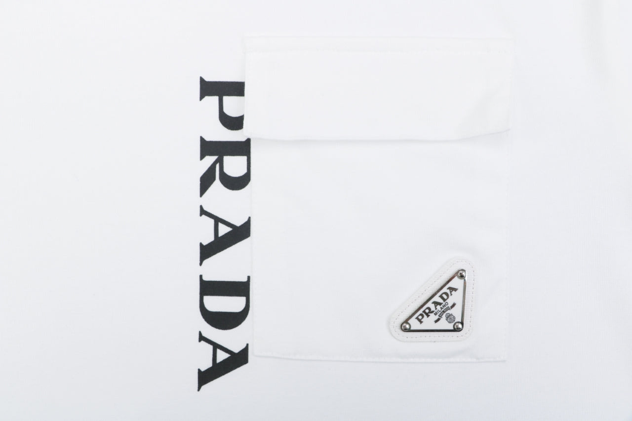 Prada Vertical Letter Triangle Logo Short Sleeve Tee — White
