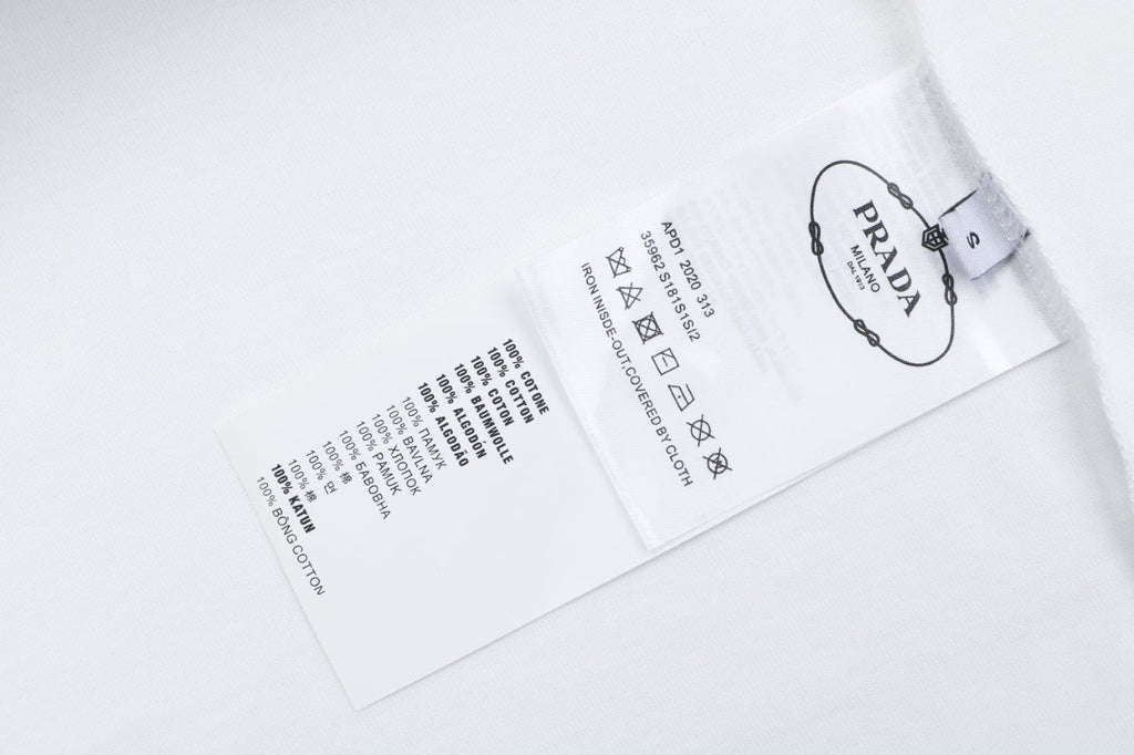 Prada Vertical Letter Triangle Logo Short Sleeve Tee — White